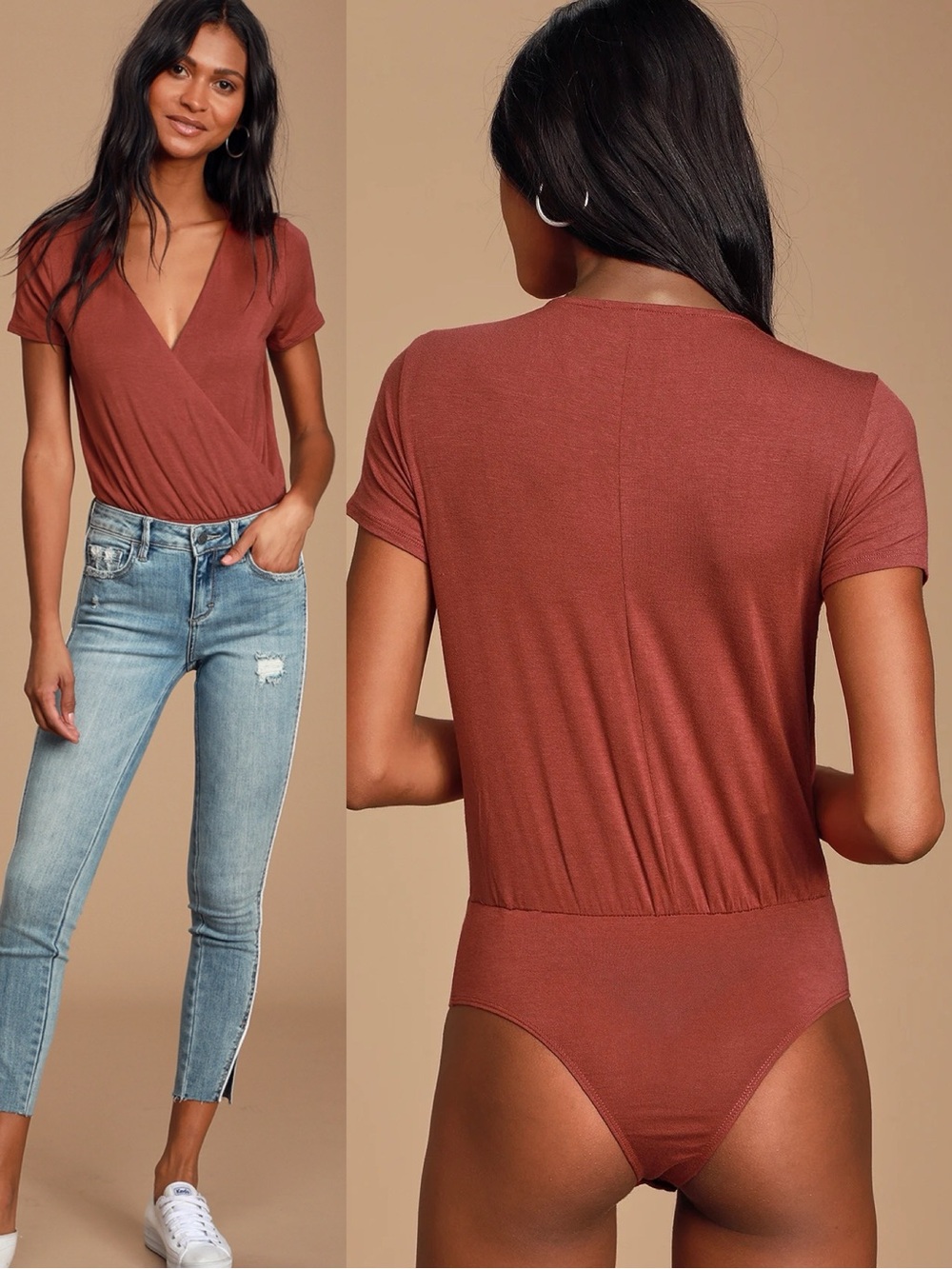 Lulu's Marren Rust Red Short Sleeve Surplice Bodysuit Extra Small Classic Chic